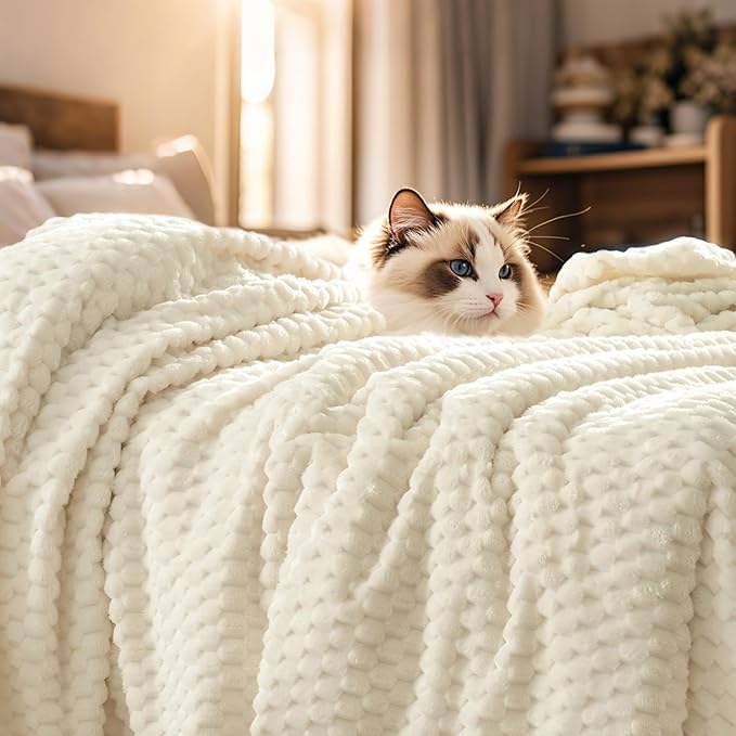 PHF Ultra Soft Flannel Fleece Blanket Twin Size, Lightweight 3D Jacquard Fleece Blanket, No Shedding, No Pilling, Luxury 340GSM Aesthetic Fluffy Cozy Bedding for Bed Room Decor, 66"x90", Cream