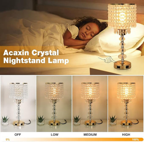 Acaxin Crystal Table Bedside Lamp Touch Control, 3-Way Dimmable Small Nightstand Lamp with 2 USB Charging Ports, Decorative Gold Tabletop Lamp for Bedroom, Living Room and Guest Room
