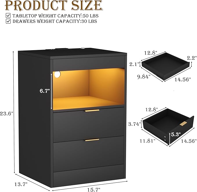 Yusong Night Stand with Gun Drawer & Invisible Lock, Bedside Table, LED Nightstand with Charging Station, Modern Night Stand, Wood Sofa Couch End Side Table with 2 Pull-Out Shelf, Black
