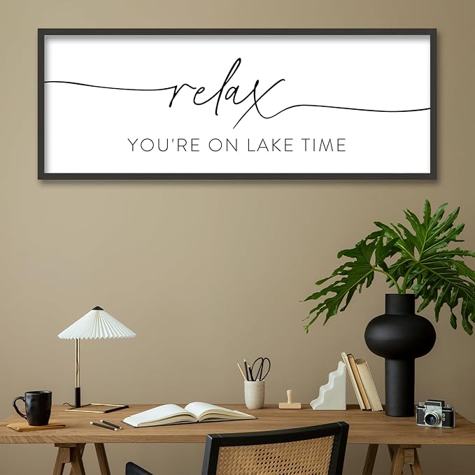 SRSZHIYUE Relax You're On Lake Time Wall Decor Above Bed Sign 40"×15" for Lake House Bedroom Over Bed Large Vintage Wood Framed Farmhouse Gift For Lake Lover Home Hanging Art (Black)