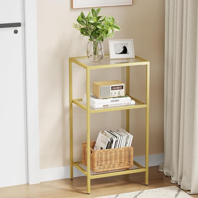 Side Table with Tempered Glass, End Table with Storage Shelves, 3-Tier Small Nightstand,Tall Table Stand for Home Decor, Living Room, Bedroom, Office, Gold