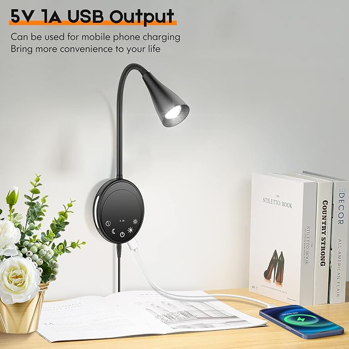Wall Mounted Reading Light, Bedside Headboard Lights with 5 Dimming & Color Temperature, USB Output, Night Light & Timers Function, Flexible Gooseneck 3000K-6000K Upgrade Bed Lamp (Black)