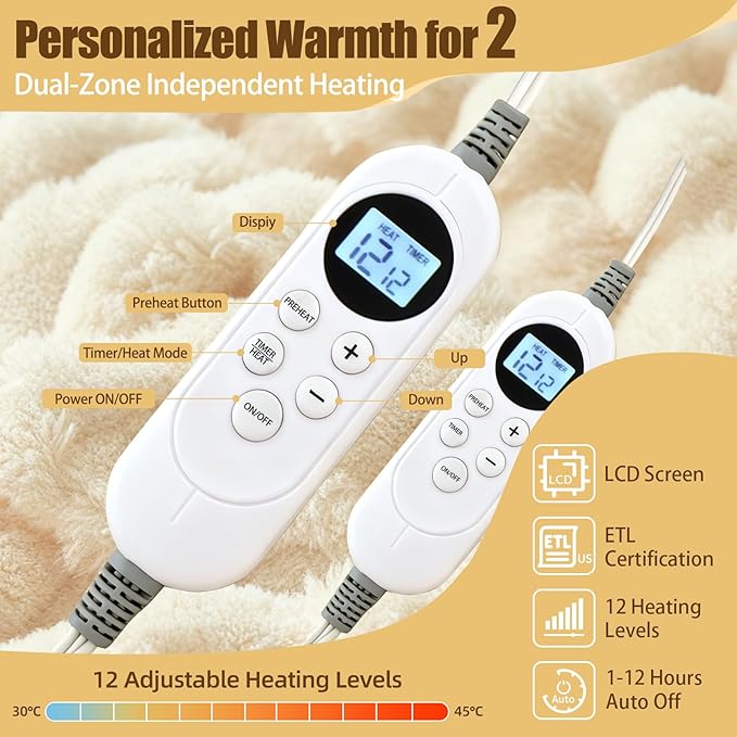 Heated Blanket Electric Blanket Heating, Dual Control Soft Ribbed Faux Fur Electric Blanket with 12 Heat Levels 12H Timer ETL FCC Certified Machine Washable (White, King | 90" x 100")