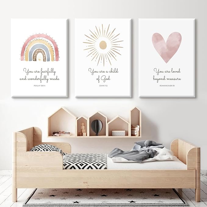 Boho Nursery Wall Art 3 Pieces Bible Verse Nursery Canvas Wall Decor Christian Baby Girls Wall Art Heart Rainbow Sun Pictures Boho Sunshine Prints for Girl Baby Kid Room 16x24 Inch Wrapped Canvas