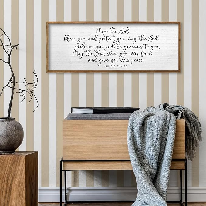 TQianJiang Christian Wall Art Numbers 6:24-26 Bible Verse Catholic Decor 40"×15" Scripture for Living Room Religious Sign Christ Jesus Family Framed Home Hanging Decoration (Wood)