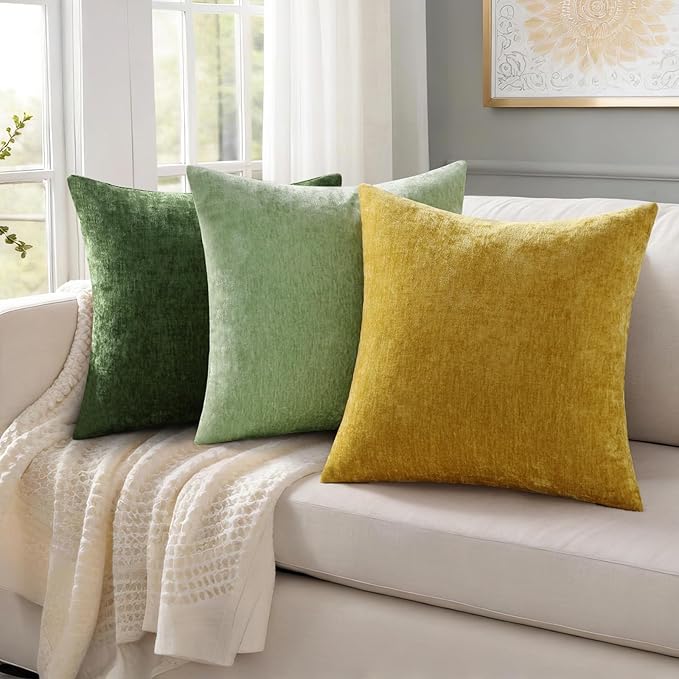 decorUhome Chenille Sage Green Summer Throw Pillow Covers 22x22 Inch Set of 2, Decorative Soft Couch Pillow Covers Solid Dyed Accent Farmhouse Neutral Square Pillow Cases for Sofa