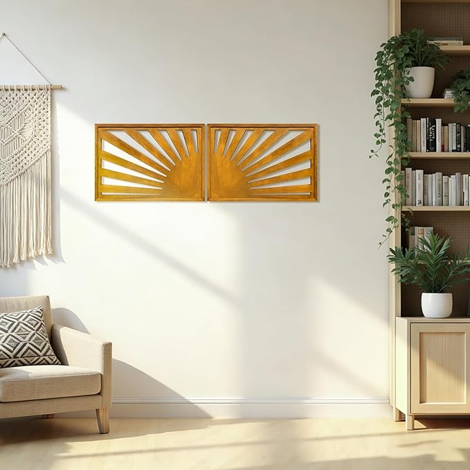 Bnesi 2pcs Boho Wood Wall Art Set Large Bohemian Decoration for Bedroom Above Bed Unique Big Wall Art as Bohemian Wall Decor Ideal for Vintage Home Aesthetics Wall Decor (Claybank)