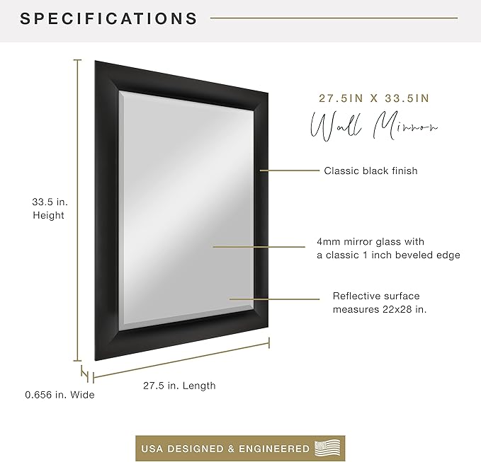 MCS Simplicity 22x28 Large Wall Mirror, Black & Beveled Detail Mirror, Vertical & Horizontal Wall Hanging Mirror for Bathroom, Bedroom & Livingroom