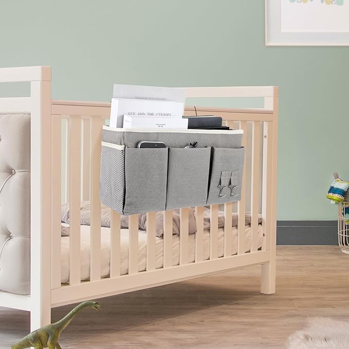 2 Pcs Bedside Caddy, Hanging Storage Organizer with Pockets for Bunk Beds, College Dorm, Bed Rails, Holds Books, Phones, Glasses, Keys, Gray