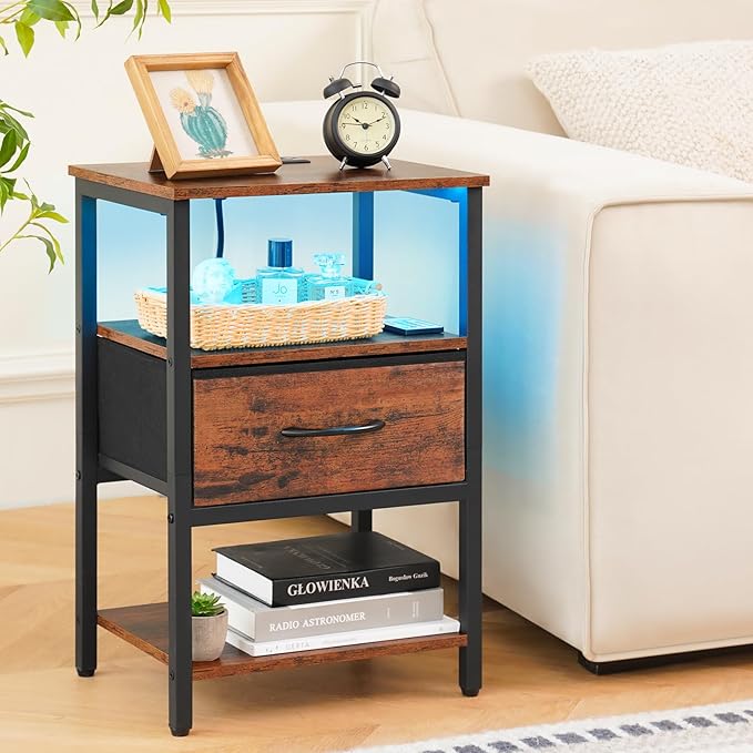 Yoobure End Table with Storage, LED Nightstand with Charging Station, Side Tables Living Room, 3-Tier Wood Bedside Table with Adjustable Fabric Drawer, Night Stand for Bedroom, Brown