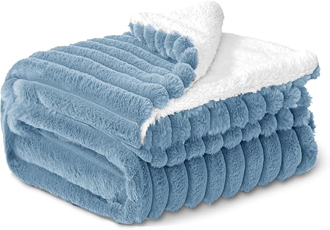 INFIIXSO Sherpa Throw Blanket for Couch - Super Soft & Warm Striped Fleece Blanket, Cozy Plush Fluffy Blanket All Season Use (Light Blue, 60x80 Inches)