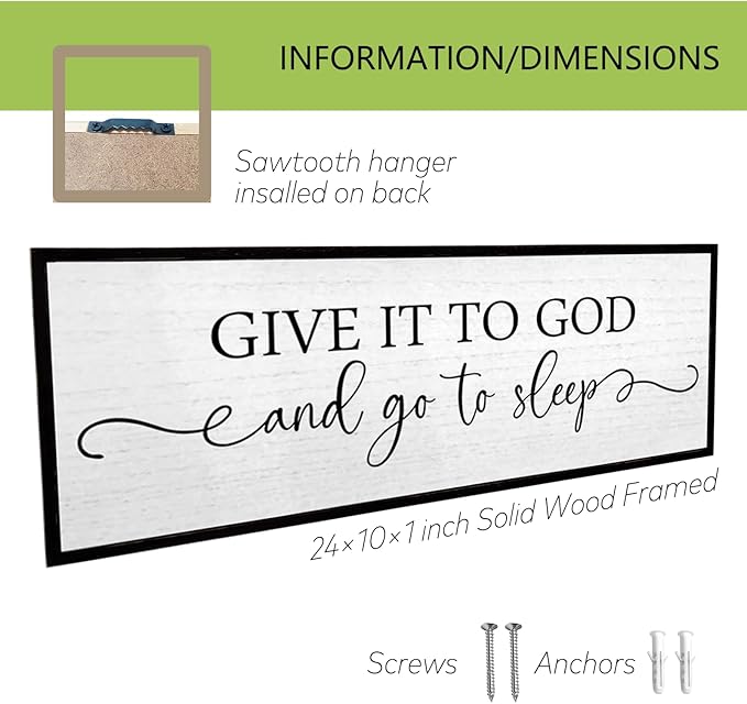 Give It To God And Go To Sleep Wall Decor Sign 24"X10" Master Bedroom Above Bed Wood Framed Large Farmhouse Rustic Over Bed Wall Art Hanging Decoration (Black)