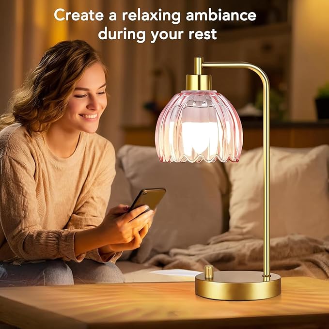 Pink Table Lamp Set of 2,Small Gold Bedside Lamps Dimmable Boho Bedroom Lamp with Tulip Flower Glass Lamp Shade,Vintage Mid Century Modern Mini Nightstand Lamp for Kids Bedroom Living Room