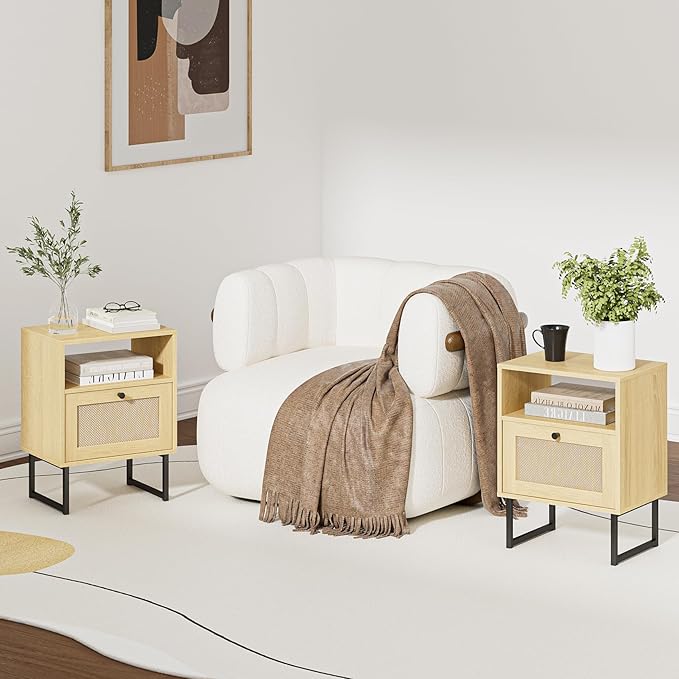 Rattan Nightstand, Mid Century Modern Night Stand,Boho Farmhouse Wood Bedside Table with Storage and Open Shelf, End Side Accent Table for Bedroom,Living Room,Oak