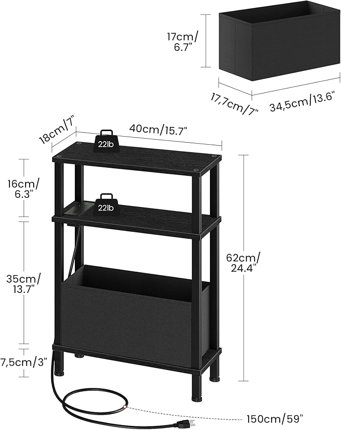 Set of 2 End Tables with Charging Station, Narrow Side Table for Small Spaces, Slim Nightstand with Basket, Skinny Bedside Table, for Living Room, Bedroom, Black TBZ07UP2BBN1