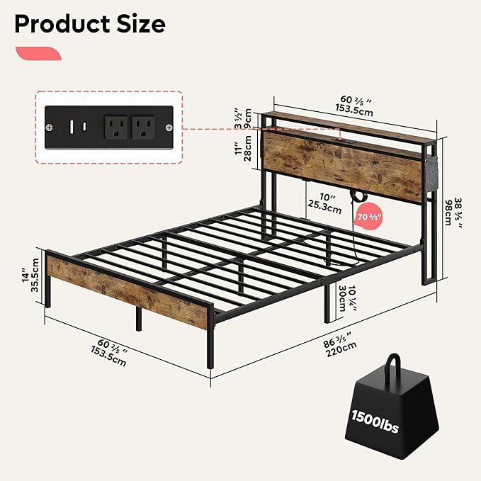 Bestier Queen Size Bed Frame with Headboard, Dual LED Platform Bed Frame with Charging Station, Non-Slip Metal Bed Frame, Noise-Free, Easy Assembly