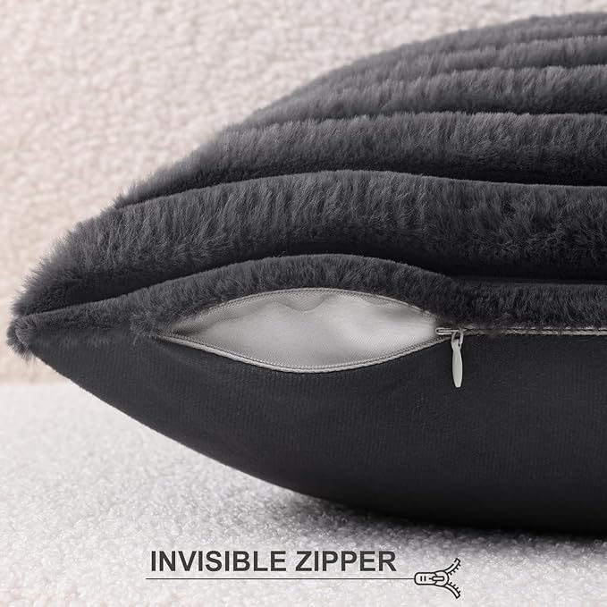 Pallene Faux Fur Plush Throw Pillow Covers 22x22 Set of 2, Luxury Soft Fluffy Striped Decorative Pillow Covers for Sofa, Couch, Living Room, Dark Grey