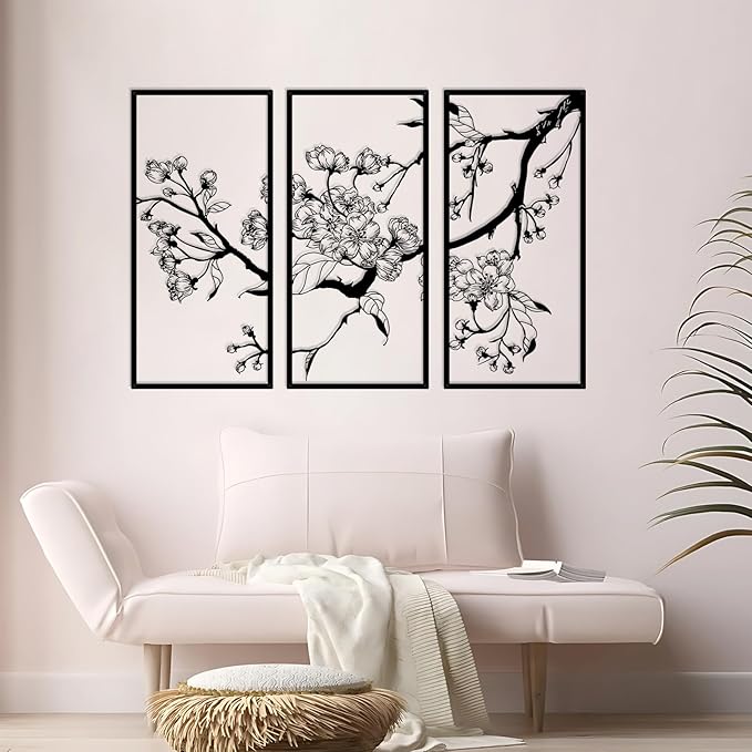 ruelen 3 Pcs Large Metal Flowers Wall Decor, Modern Minimalist Floral Line Sculpture Wall Art Hanging Wall Decor for Home Bedroom Living Room Bathroom Office Above Bed Decor (Black)