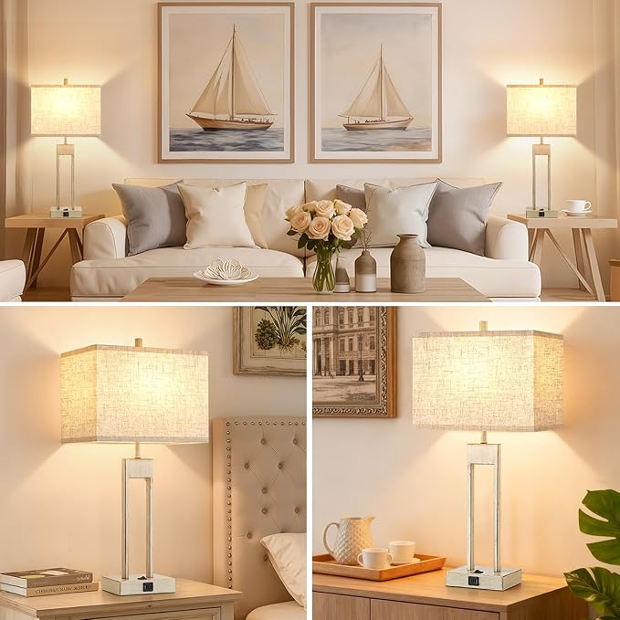 GyroVu Extra Large 25.5" Nightstand Table Lamps for Bedrooms Set of 2, Bedside Lamp with USB C+A, Colors Changeable Living Room Lamp, Modern Night Stand Lamps for Bed Side Reading, Antique White