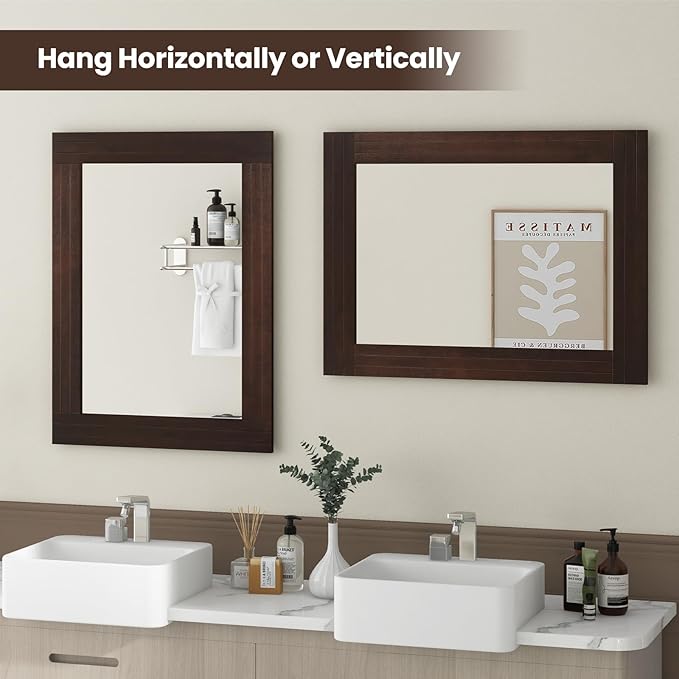 Tangkula 24" x 32" Wood Mirror for Wall, Wall Mounted Rectangular Decorative Mirror for Bathroom Living Room Vanity Entryway, Farmhouse Boho Rustic Wall Decoration