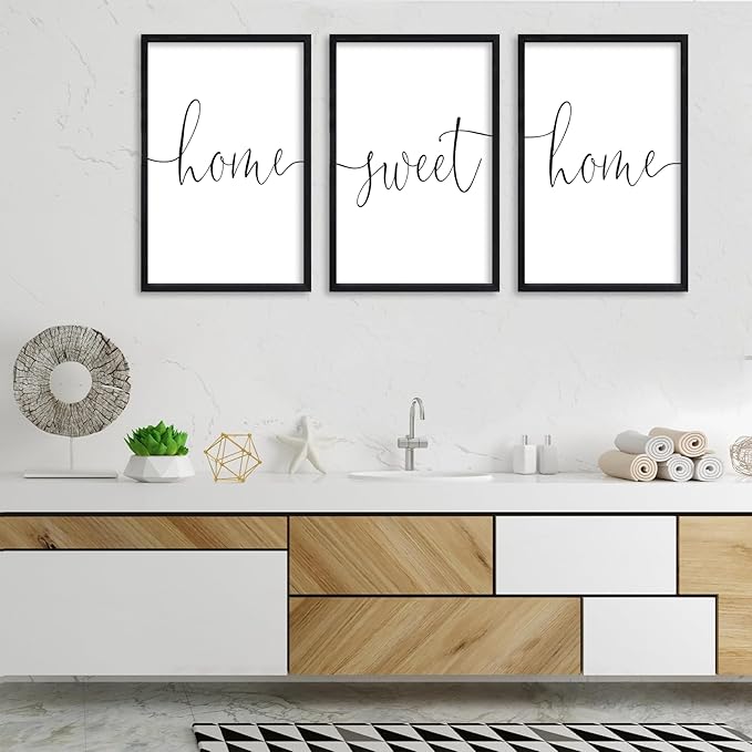RLWangChao Home Sweet Home Sign Set of 3 Wall Art Decor 16"X11" Vintage Bedroom Above Bed Minimalist Modren Living Room Wooden Framed Warm And Cozy Family Wall Hanging Decoration (Black)