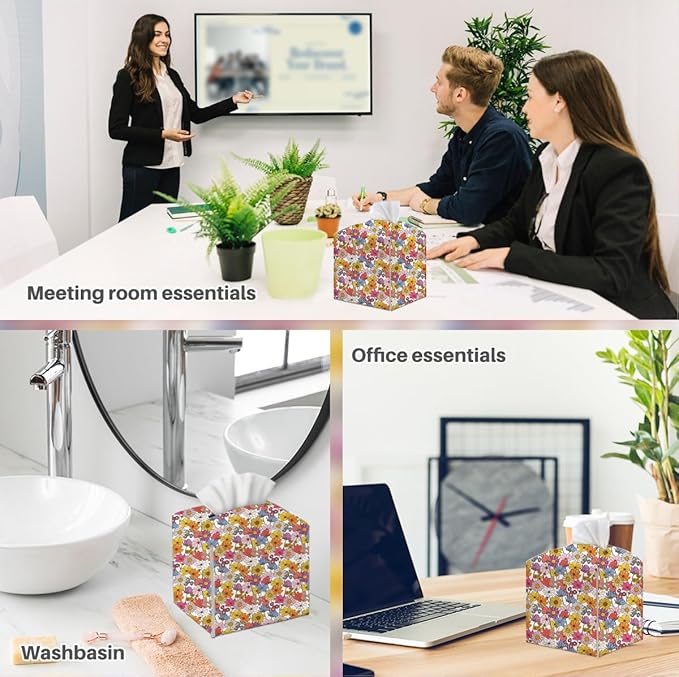 Tissue Box Cover, Tissue Box Holder, Square with Belt Bottom, PU Leather Decorative Organizer for Desk, Tabletop, Countertop Bathroom, Toilet Car, Office, Dresser Bedside, Aesthetic Flower Decor