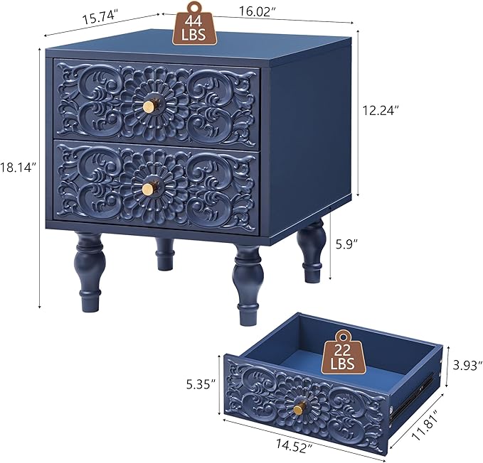 Nightstand, Farmhouse Bedside Table with 2 Drawers and Metal Handles, Wood Sofa Side Table End Table Accent Dresser for Bedroom, Living Room (Blue-2 Packs) (15.75 x 16.02 x 18.15 Inch)