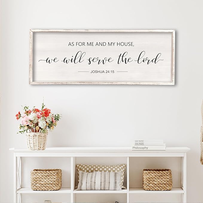 comurdyo As For Me And My House We Will Serve The Lord Wall Decor 40" x 15" Bedroom Above Bed Sign Large Rustic Farmhouse Wood Framed Bible Verse for Religious Scripture Christian Wall Art (White)