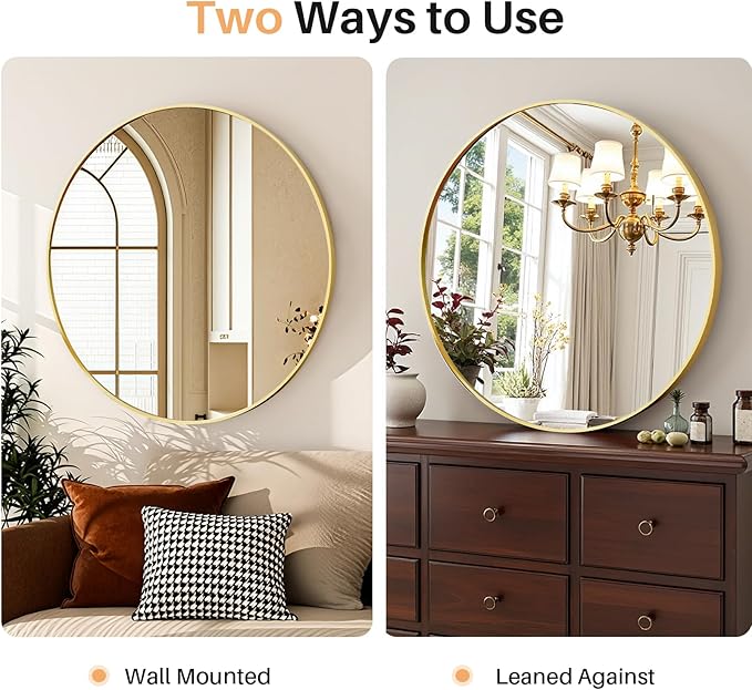 Bathroom Mirror for Wall, 20 Inch Round Mirror, Matte Gold Metal Framed Circle Vanity Mirror for Bathroom Bedroom Living Room Entryway, Anti-Rust, Tempered Glass, Hanging or Leaning