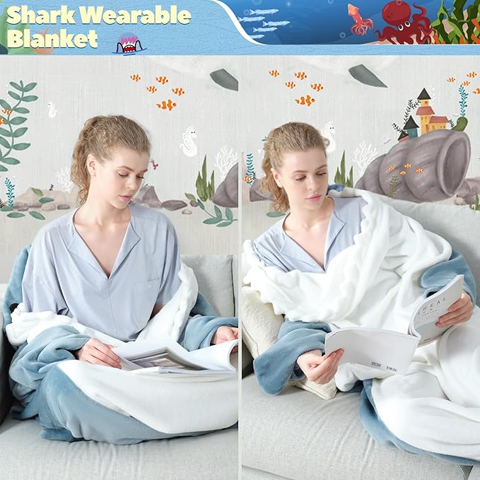 Touchat Shark Blanket for Adult Super Soft Cozy Flannel Throw Wearable Blanket, Cartoon Animals Blanket Hoodie, Sleeping Bag Cosplay Costume Gifts for Shark Lovers (Blue, XL)
