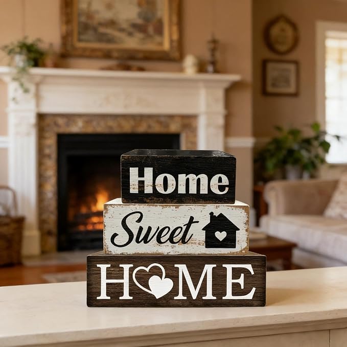 3 Pcs Farmhouse Wood Table Decoration Rustic Home Tiered Tray Decor Wooden Block Sign Retro Housewarming Gift Sweet Home Tabletop Centerpiece for Desk Floating Shelf Mantel