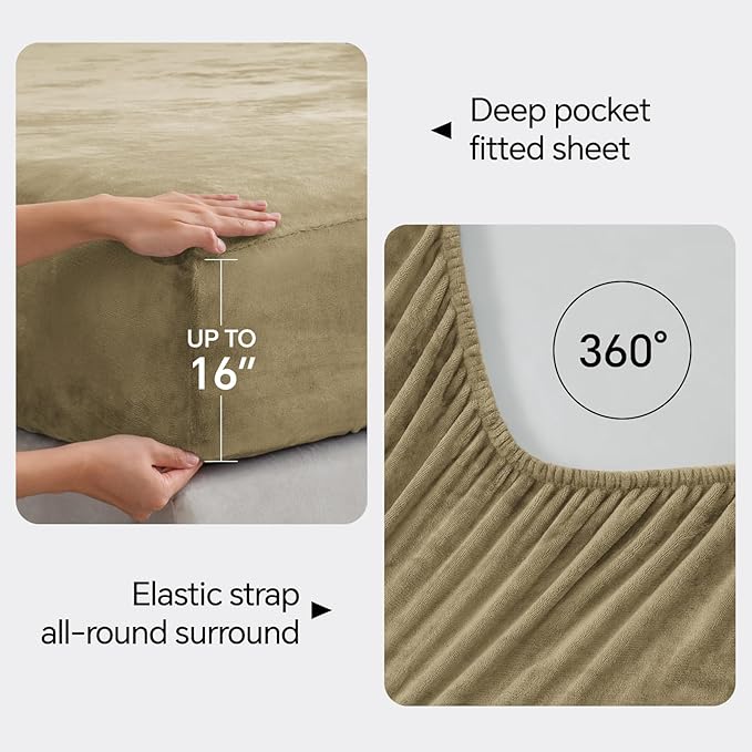 BEDELITE Flannel Sheets Queen Size Camel - Super Soft Fleece Sheets Set Fluffy Extra Plush, 4 Piece(Include Fitted Sheet, Flat Sheet, 2 Pillowcases)