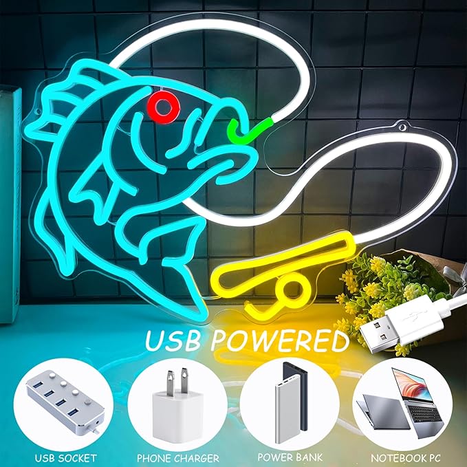 Fishing Neon Sign for Wall Decor, Dimmable Fishing Hook Lights Neon, Fishing Themed LED Neon Light Sign for Fishing Lovers Fishing Gear Store Man Cave Yacht Party Coastal Kitchen Bedroom Boy Presents