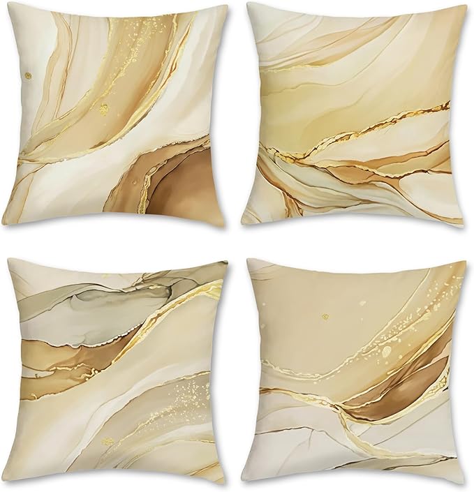 Bonhause Brown Gold Marble Texture Throw Pillow Covers 20 x 20 Inch Set of 4 Modern Abstract Art Decorative Pillows Case Soft Velvet Cushion Covers for Couch Sofa Bed Home Décor