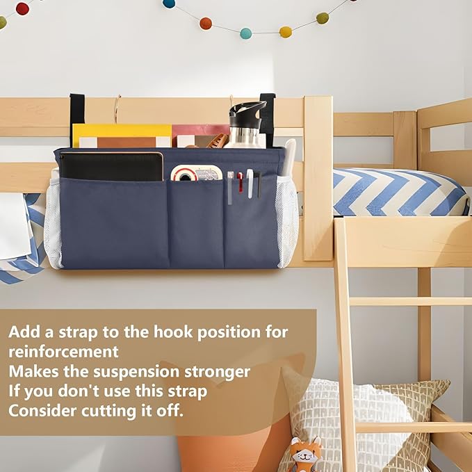 DOMIKING Navy Blue Bedside Caddy for Dorm Bed Recliner Armrest Organizer with Hooks Haning Storage Bag for Bunk Bed Rails Headboards