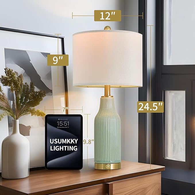 24.5" Modern 3-Way Dimmable Touch Control with 5FT Cord and USB A+C Ceramic Lamps Set of 2 Table Lamp for Living Room Bedroom Farmhouse Nightstand Bedside Green