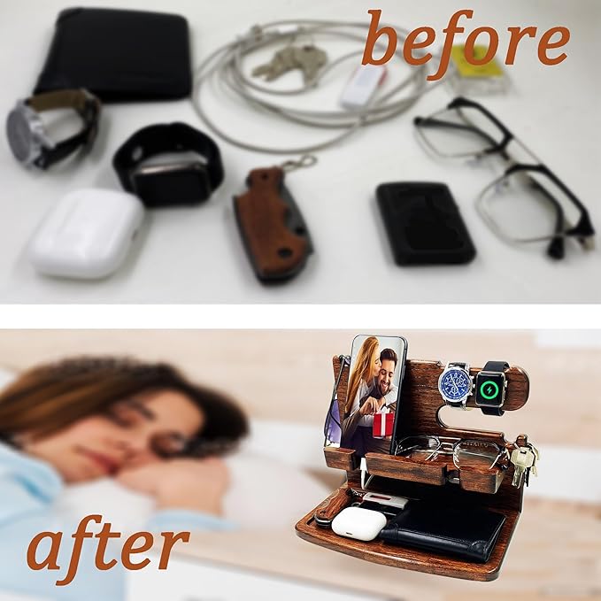 Gifts for Men Boyfriend Dad Husband Him Wood Phone Docking Station Nightstand Organizer for Men (Walnut)