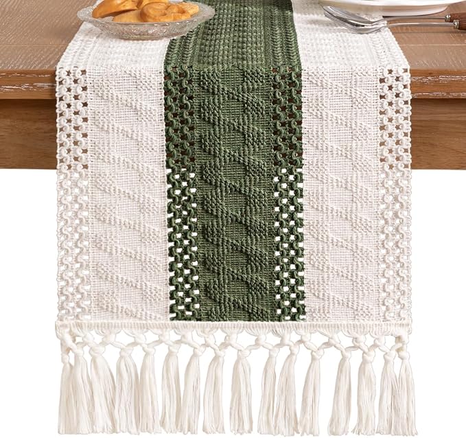 Socomi Boho Table Runner Easter Spring Farmhouse Rustic Dining Kitchen Centerpiece Decor Small Macrame Woven Cotton Linen Coffee Table Runner for Dresser Scarf Home Decor 12x36 inch Olive Green