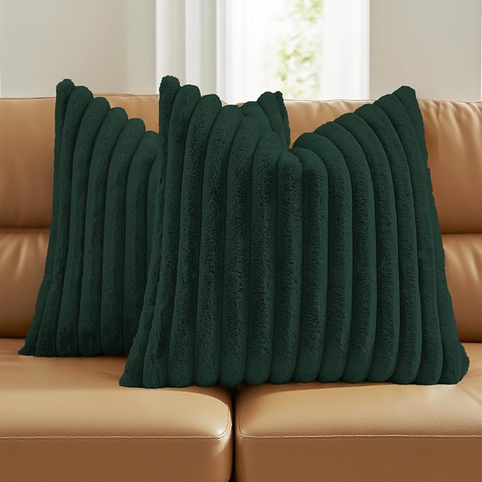 FUTEI Dark Green Decorative Throw Pillow Covers Set of 2, 26x26 Inch Soft Fluffy Faux Fur Plush Striped Euro Pillow Shams, Modern Home Decor for Couch Bed Living Room