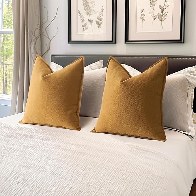 MIULEE Pack of 2 Mustard Yellow Decorative Pillow Covers 24x24 Inch Soft Chenille Luxurious Couch Throw Pillows Boho Cushion Covers Euro Shams Elegant Design for Sofa Bed Living Room Spring Decor