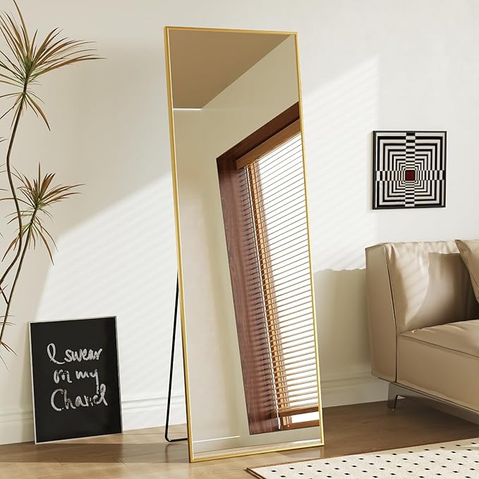 DUMOS Gold Full Length Mirror 59"x16" Full Body Floor Mirror for Bedroom or Cloakroom, Can Stand Alone, Hang or Lean Against Wall, Tall Wall Mirror with Stand and Sleek Aluminum Alloy Thin Frame