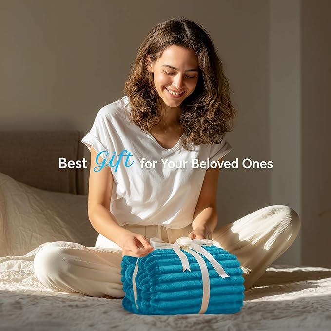 INFIIXSO Sherpa Fleece Queen Size Blanket - Super Soft & Warm Striped Fleece, Cozy Plush Fluffy Large Bed Blanket All Season Use (Teal, 90x90 Inches)