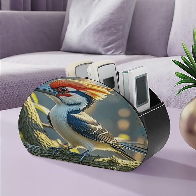 Cute Pileated Woodpecker Remote Control Holder Organizer Box with 5 Compartment PU Leather Bedside Storage Caddy Remote Organizer for Controller Media Player Pen/Pencil Storage