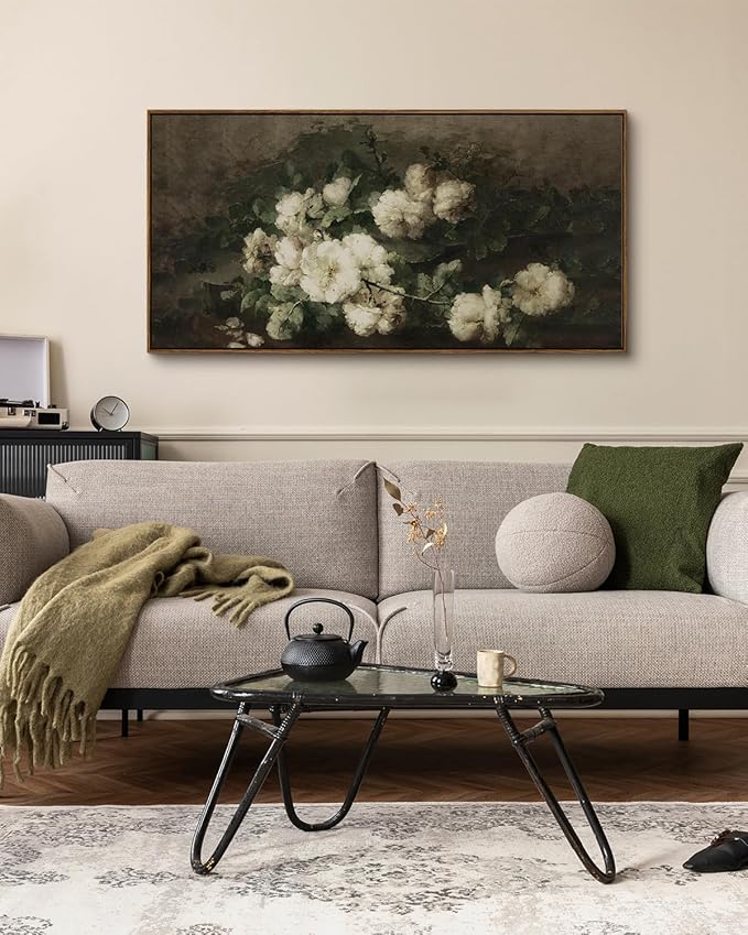 InSimSea Extra Large Framed Vintage Wall Art, Living Room Country Farmhouse Decor, Flowers Landscape Paintings, Canvas Prints, Retro Floral Long Pictures for Bedroom Above of Bed,24x48inch