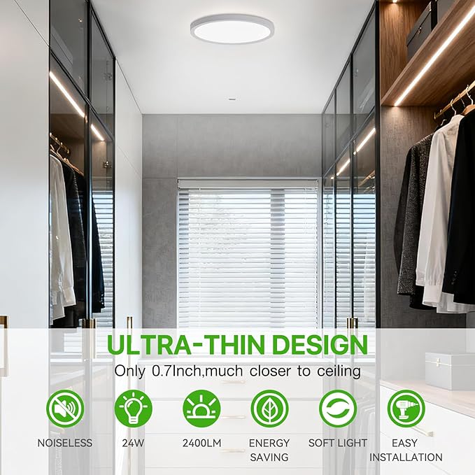 2Pack 12Inch LED Flush Mount Ceiling Light Fixture,24W 2400LM,Dimmable CCT 3000K/4000K/5000K,Round Flat Panel Light for Bedroom,0.7Inch Thin Modern Low Profile Hardwire Lights for Hallway,Porch