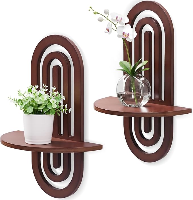 Boho Wall Decor Floating Shelves with Arched Design, Wood Wall Decorative Bohemian Art Display Shelf Set of 2 for Living Room, Bedroom, H 16.7" x W 11.8"