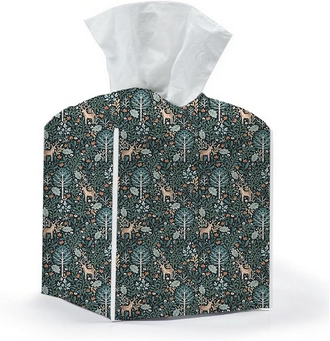 Tissue Box Cover, Tissue Box Holder, Square with Belt Bottom, PU Leather Decorative Organizer for Desk, Tabletop, Countertop Bathroom, Toilet, Car, Bedside, Dresser Kitchen, Deer Deep Forest Decor