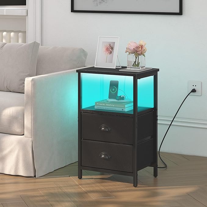 Nightstand with Charging Station, Night Stand with 2 Fabric Drawers PU Finish, Bedside Table End Table with LED Light, 3-Tier Storage Side Table Nightstand with Drawers for Bedroom,Black
