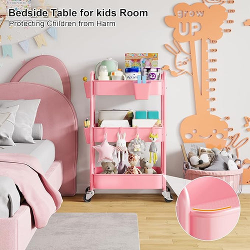 3 Tier Rolling Cart Metal with Lockable Wheels, Pink Three Tiered Diaper Caddy Cart Organizer on Wheels, Storage Utility Trolley Carts for Craft, Art, Nail, Lash, Baby Supplies, Cleaning, Mesh