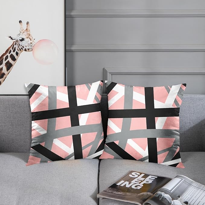 Emvency Set of 2 Throw Pillow Cover Soft Pink Black Stripes Grey White Design Retro Decorative Pillow Case Striped Home Decor Square 18x18 Inch Cushion Pillowcase